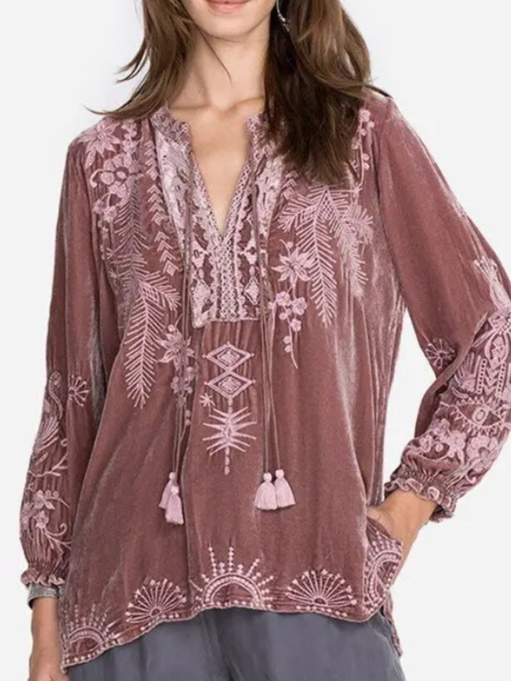 Johnny Was heavily embroidered Dylan tassel peasant blouse in vintage rose NWT